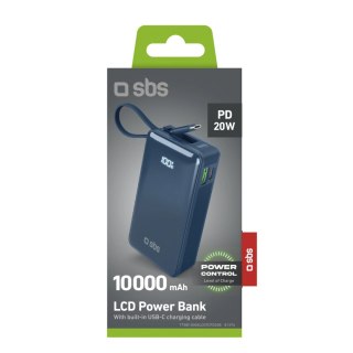 Powerbank SBS 10000 mAh 20W z wbudowanym kablem USB-C i wyświetlaczem cyfrowym - ciemnoszary