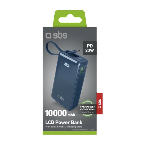 Powerbank SBS 10000 mAh 20W z wbudowanym kablem USB-C i wyświetlaczem cyfrowym - ciemnoszary