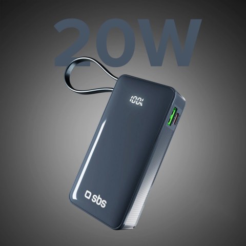 Powerbank SBS 10000 mAh 20W z wbudowanym kablem USB-C i wyświetlaczem cyfrowym - ciemnoszary