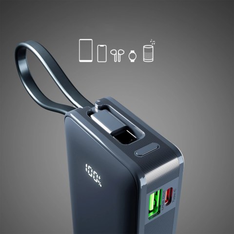 Powerbank SBS 10000 mAh 20W z wbudowanym kablem USB-C i wyświetlaczem cyfrowym - ciemnoszary