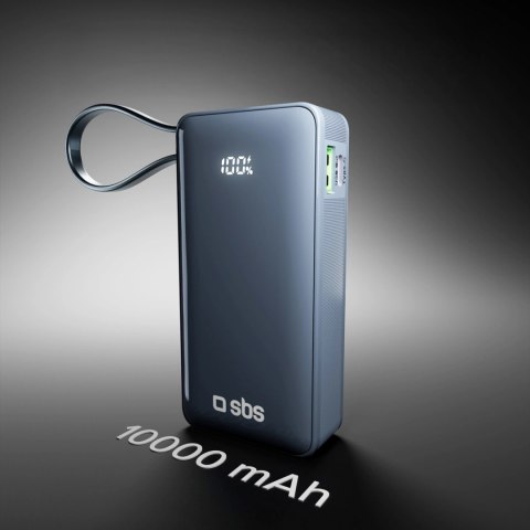Powerbank SBS 10000 mAh 20W z wbudowanym kablem USB-C i wyświetlaczem cyfrowym - ciemnoszary