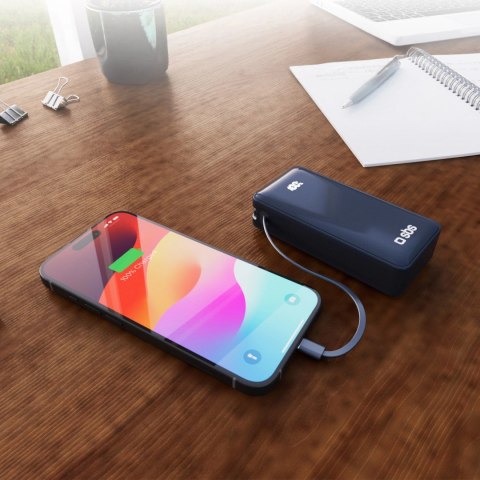 Powerbank SBS 10000 mAh 20W z wbudowanym kablem USB-C i wyświetlaczem cyfrowym - ciemnoszary