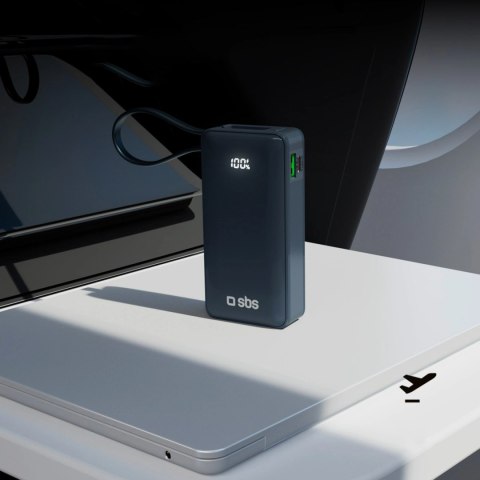 Powerbank SBS 10000 mAh 20W z wbudowanym kablem USB-C i wyświetlaczem cyfrowym - ciemnoszary
