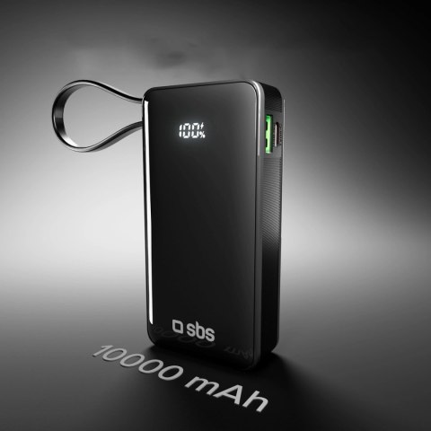 Powerbank SBS 10000 mAh 20W z wbudowanym kablem USB-C i wyświetlaczem cyfrowym - czarny
