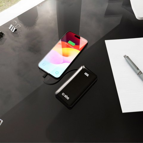 Powerbank SBS 10000 mAh 20W z wbudowanym kablem USB-C i wyświetlaczem cyfrowym - czarny