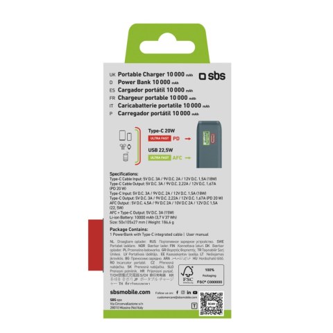 Powerbank SBS 10000 mAh 20W z wbudowanym kablem USB-C i wyświetlaczem cyfrowym - szary