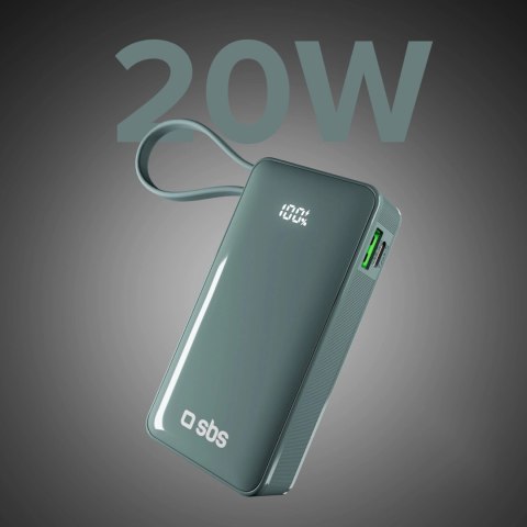 Powerbank SBS 10000 mAh 20W z wbudowanym kablem USB-C i wyświetlaczem cyfrowym - szary