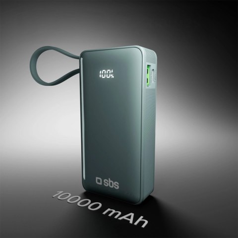 Powerbank SBS 10000 mAh 20W z wbudowanym kablem USB-C i wyświetlaczem cyfrowym - szary