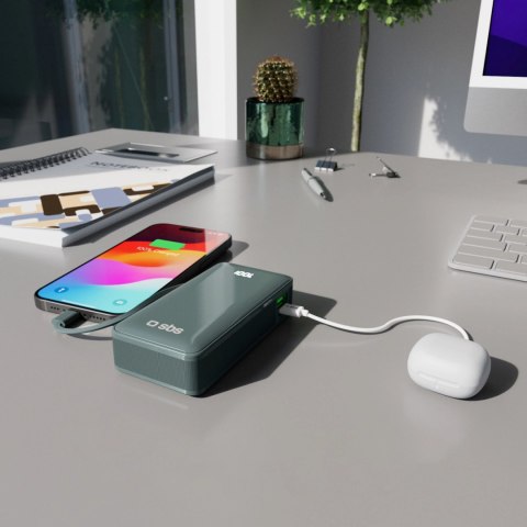 Powerbank SBS 10000 mAh 20W z wbudowanym kablem USB-C i wyświetlaczem cyfrowym - szary