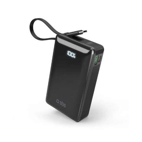 Powerbank SBS 20000 mAh 20 W z wbudowanym kablem USB-C i wyświetlaczem cyfrowym - czarny