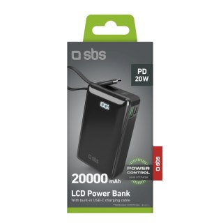 Powerbank SBS 20000 mAh 20 W z wbudowanym kablem USB-C i wyświetlaczem cyfrowym - czarny