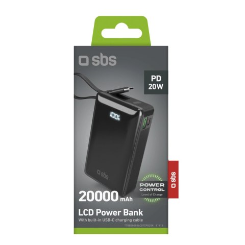 Powerbank SBS 20000 mAh 20 W z wbudowanym kablem USB-C i wyświetlaczem cyfrowym - czarny