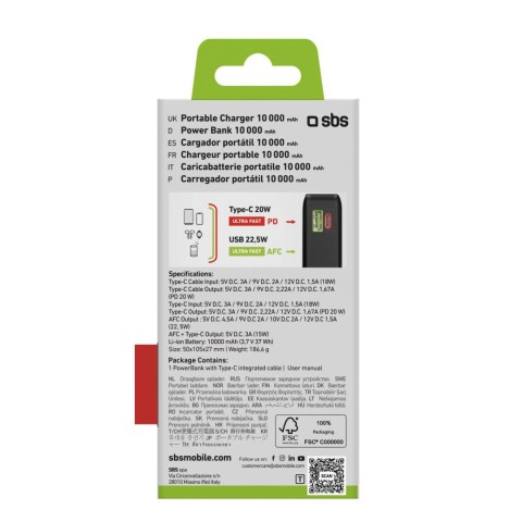 Powerbank SBS 20000 mAh 20 W z wbudowanym kablem USB-C i wyświetlaczem cyfrowym - czarny