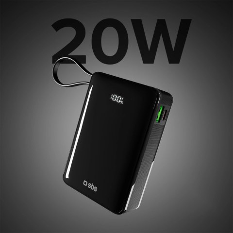 Powerbank SBS 20000 mAh 20 W z wbudowanym kablem USB-C i wyświetlaczem cyfrowym - czarny