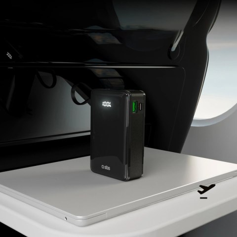 Powerbank SBS 20000 mAh 20 W z wbudowanym kablem USB-C i wyświetlaczem cyfrowym - czarny