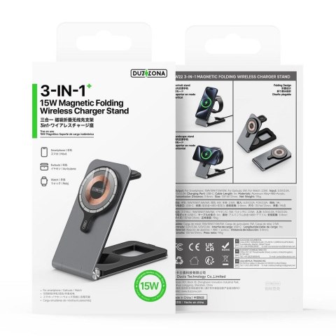 DUZZONA W22 - aluminiowa ładowarka indukcyjna, składana 3w1, kompatybilna z MagSafe 15W czarna