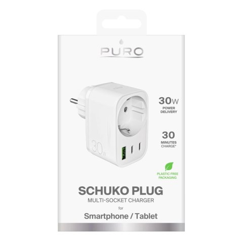 Ładowarka Puro 30W Power Delivery z wtyczką i gniazdem Schuko 2x USB-C + 1x USB-A - biała Ładowarka Puro 30W Power Delivery z wtyczką i gniazdem Schuko 2x USB-C + 1x USB-A - biała