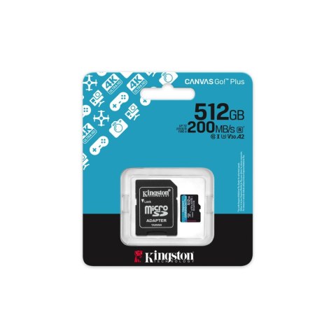 Kingston karta pamięci 512GB microSDXC Canvas Go Plus Gen4 200MB/s A2 U3 V30 + adapter Kingston karta pamięci 512GB microSDXC Canvas Go Plus Gen4 200MB/s A2 U3 V30 + adapter