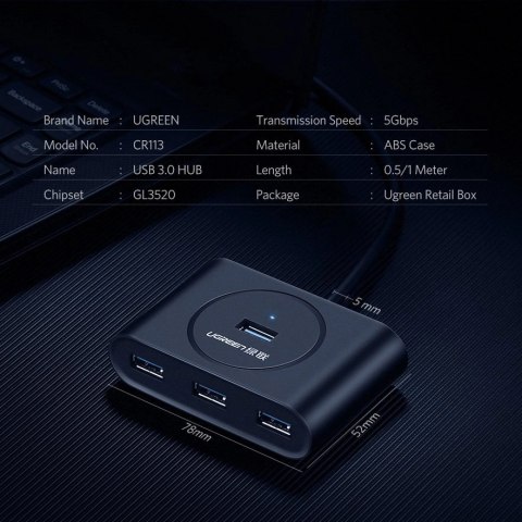 Ugreen rozdzielacz HUB 4x USB 3.2 Gen 1 (kabel 0,5 m) czarny (20290) Ugreen rozdzielacz HUB 4x USB 3.2 Gen 1 (kabel 0,5 m) czarny (20290)