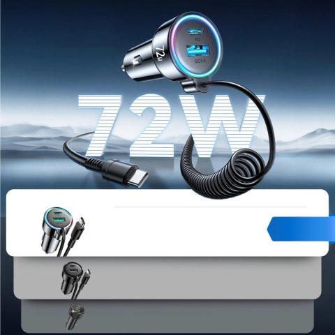 Ładowarka samochodowa 3w1 Joyroom JR-CL07 72W z kablem USB-C 1.6m - czarna