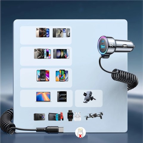 Ładowarka samochodowa 3w1 Joyroom JR-CL07 72W z kablem USB-C 1.6m - czarna