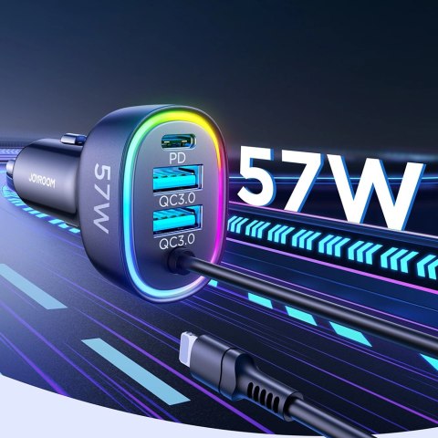 Joyroom szybka ładowarka samochodowa 4 w 1 PD, QC3.0, AFC, FCP z kablem Lightning 1,6m 57W czarny (JR-CL20) Joyroom szybka ładowarka samochodowa 4 w 1 PD, QC3.0, AFC, FCP z kablem Lightning 1,6m 57W czarny (JR-CL20)