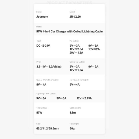 Joyroom szybka ładowarka samochodowa 4 w 1 PD, QC3.0, AFC, FCP z kablem Lightning 1,6m 57W czarny (JR-CL20) Joyroom szybka ładowarka samochodowa 4 w 1 PD, QC3.0, AFC, FCP z kablem Lightning 1,6m 57W czarny (JR-CL20)