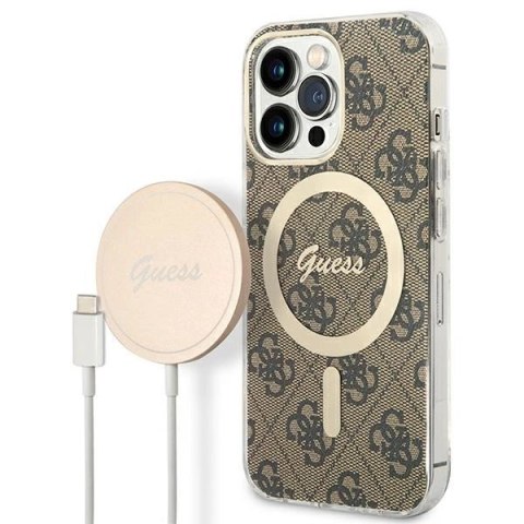 Etui Guess 4G Print MagSafe na iPhone 13 Pro + ładowarka indukcyjna - brązowe Etui Guess 4G Print MagSafe na iPhone 13 Pro + ładowarka indukcyjna - brązowe