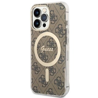 Etui Guess 4G Print MagSafe na iPhone 13 Pro + ładowarka indukcyjna - brązowe