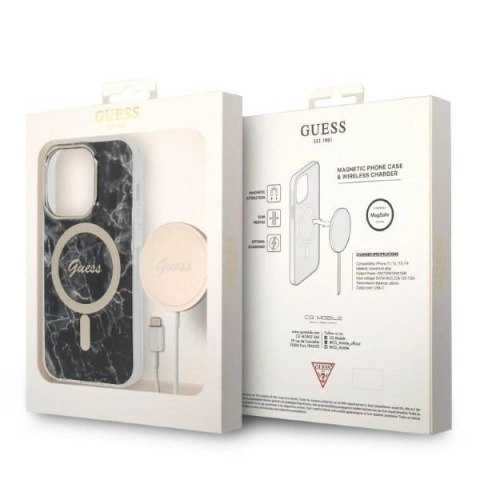Etui Guess Marble MagSafe na iPhone 14 Pro + ładowarka indukcyjna - czarne Etui Guess Marble MagSafe na iPhone 14 Pro + ładowarka indukcyjna - czarne