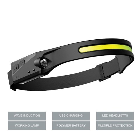 Latarka czołowa LED z czujnikiem ruchu IPX4 USB-C 1200 mAh - czarna Latarka czołowa LED z czujnikiem ruchu IPX4 USB-C 1200 mAh - czarna