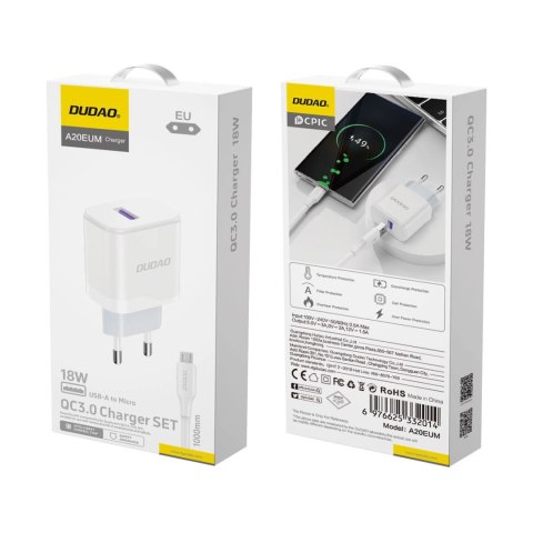 Ładowarka Dudao A20EU sieciowa USB-A 18W - biała + kabel USB-A - micro USB Ładowarka Dudao A20EU sieciowa USB-A 18W - biała + kabel USB-A - micro USB