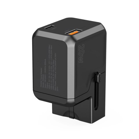 Ładowarka podróżna Choetech PD6038 USB-C USB-A PD 20W USA EU UK AU - czarna Ładowarka podróżna Choetech PD6038 USB-C USB-A PD 20W USA EU UK AU - czarna