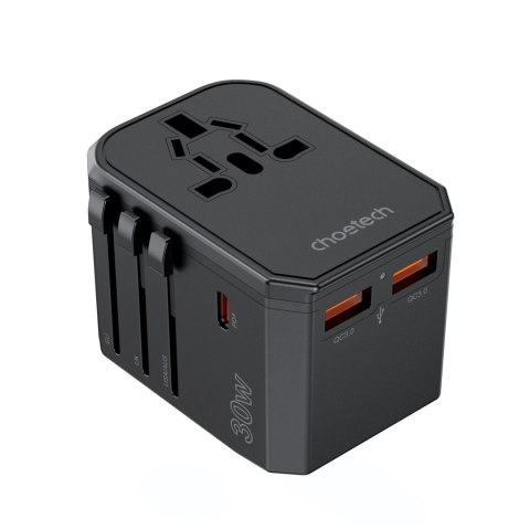 Ładowarka podróżna Choetech PD6041 USB-C USB-A PD 30W z 4 wtyczkami USA EU UK AU - czarna Ładowarka podróżna Choetech PD6041 USB-C USB-A PD 30W z 4 wtyczkami USA EU UK AU - czarna