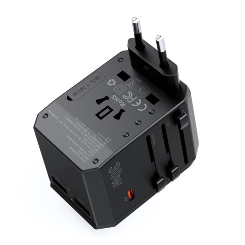 Ładowarka podróżna Choetech PD6041 USB-C USB-A PD 30W z 4 wtyczkami USA EU UK AU - czarna Ładowarka podróżna Choetech PD6041 USB-C USB-A PD 30W z 4 wtyczkami USA EU UK AU - czarna