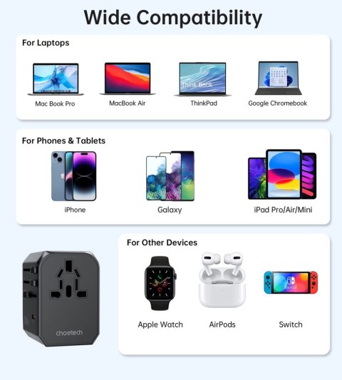 Ładowarka podróżna Choetech PD6041 USB-C USB-A PD 30W z 4 wtyczkami USA EU UK AU - czarna Ładowarka podróżna Choetech PD6041 USB-C USB-A PD 30W z 4 wtyczkami USA EU UK AU - czarna