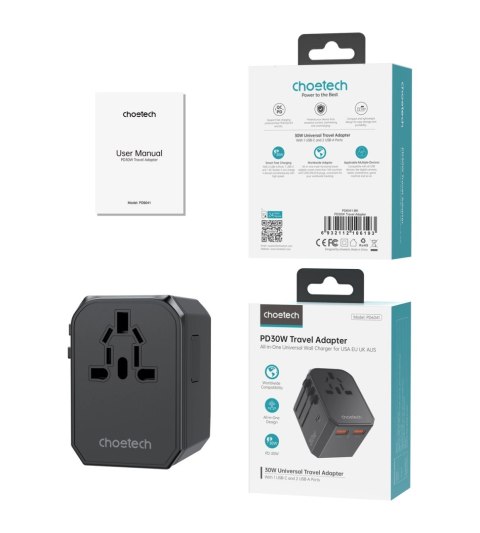 Ładowarka podróżna Choetech PD6041 USB-C USB-A PD 30W z 4 wtyczkami USA EU UK AU - czarna Ładowarka podróżna Choetech PD6041 USB-C USB-A PD 30W z 4 wtyczkami USA EU UK AU - czarna