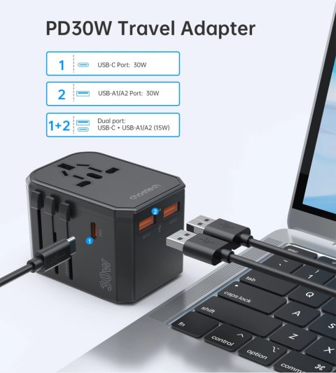 Ładowarka podróżna Choetech PD6041 USB-C USB-A PD 30W z 4 wtyczkami USA EU UK AU - czarna Ładowarka podróżna Choetech PD6041 USB-C USB-A PD 30W z 4 wtyczkami USA EU UK AU - czarna