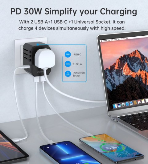 Ładowarka podróżna Choetech PD6041 USB-C USB-A PD 30W z 4 wtyczkami USA EU UK AU - czarna Ładowarka podróżna Choetech PD6041 USB-C USB-A PD 30W z 4 wtyczkami USA EU UK AU - czarna
