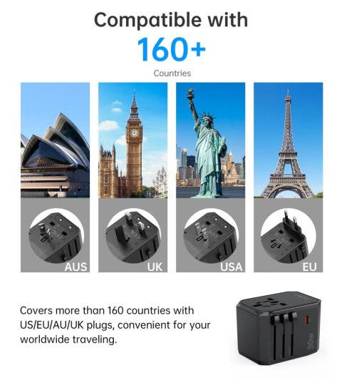 Ładowarka podróżna Choetech PD6041 USB-C USB-A PD 30W z 4 wtyczkami USA EU UK AU - czarna Ładowarka podróżna Choetech PD6041 USB-C USB-A PD 30W z 4 wtyczkami USA EU UK AU - czarna