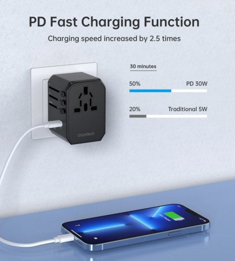 Ładowarka podróżna Choetech PD6041 USB-C USB-A PD 30W z 4 wtyczkami USA EU UK AU - czarna Ładowarka podróżna Choetech PD6041 USB-C USB-A PD 30W z 4 wtyczkami USA EU UK AU - czarna