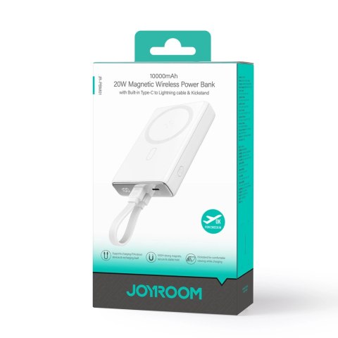 Powerbank Joyroom JR-PBM01 magnetyczny 10000mAh 20W z podstawką + kabel Lightning - USB-C - biały Powerbank Joyroom JR-PBM01 magnetyczny 10000mAh 20W z podstawką + kabel Lightning - USB-C - biały