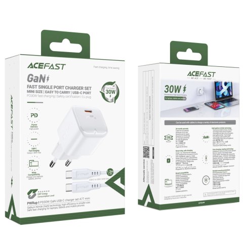 Ładowarka sieciowa Acefast A77 Mini PD 30W GaN + kabel USB-C - biała Ładowarka sieciowa Acefast A77 Mini PD 30W GaN + kabel USB-C - biała
