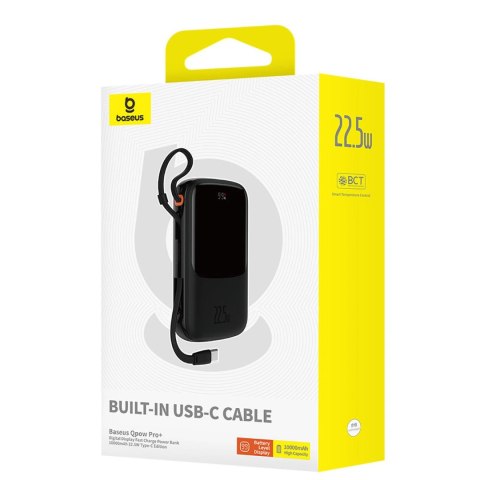 Powerbank Baseus Qpow Pro+ 10000mAh 22.5W z wbudowanym kablem USB-C i wyświetlaczem - czarny Powerbank Baseus Qpow Pro+ 10000mAh 22.5W z wbudowanym kablem USB-C i wyświetlaczem - czarny
