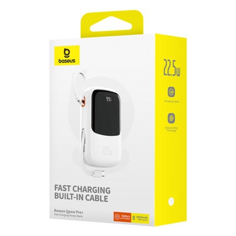 Powerbank Baseus Qpow Pro+ 20000mAh 22.5W z wbudowanym kablem USB-C i wyświetlaczem - biały Powerbank Baseus Qpow Pro+ 20000mAh 22.5W z wbudowanym kablem USB-C i wyświetlaczem - biały