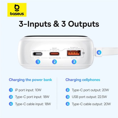 Powerbank Baseus Qpow Pro+ 20000mAh 22.5W z wbudowanym kablem USB-C i wyświetlaczem - biały Powerbank Baseus Qpow Pro+ 20000mAh 22.5W z wbudowanym kablem USB-C i wyświetlaczem - biały
