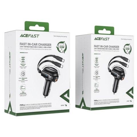 Ładowarka Acefast B13 samochodowa 53W USB-A / 2 kable rozwijane USB-C - czarna