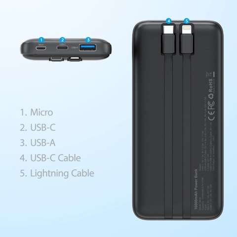 Powerbank Choetech B654 10000mAh 22.5W USB-A / USB-C / micro USB z wbudowanym kablem USB-C / Lightning - czarny