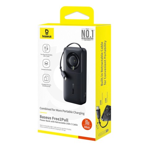 Powerbank Baseus Free2Pull 10000mAh 30W z portem USB-C i rozwijanym kablem USB-C - czarny Powerbank Baseus Free2Pull 10000mAh 30W z portem USB-C i rozwijanym kablem USB-C - czarny