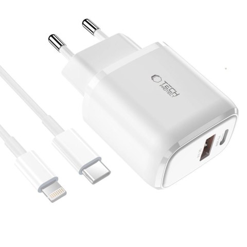 Ładowarka Tech-Protect C20W sieciowa USB-C PD 20W / USB-A QC 3.0 z kablem USB-C / Lightning - biała